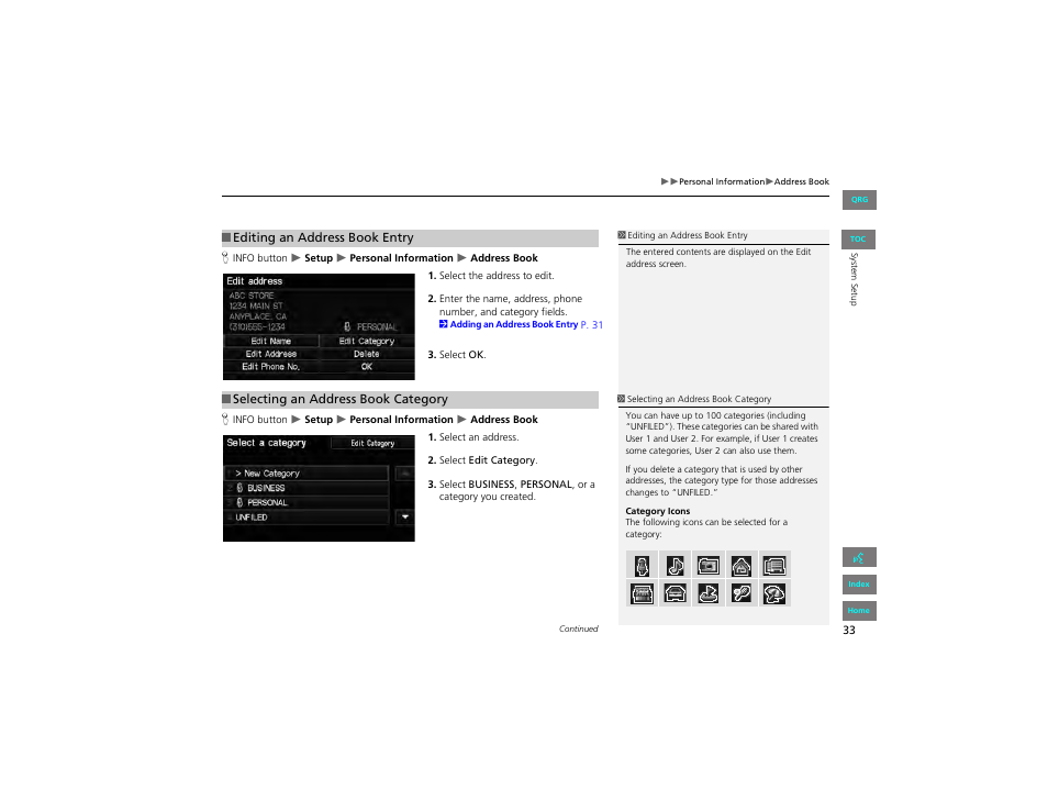 Editing an address book entry, Selecting an address book category | HONDA 2012 Civic Hybrid Navigation User Manual | Page 34 / 204