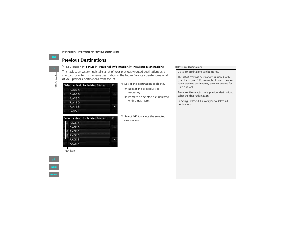 Previous destinations, 2 previous destinations, P. 38 | HONDA 2012 Civic Hybrid Navigation User Manual | Page 39 / 204