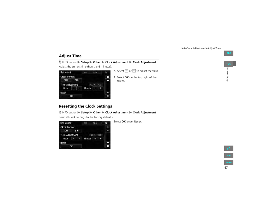 Adjust time, Resetting the clock settings, 2 adjust time | P. 47, 2 resetting the clock settings | HONDA 2012 Civic Hybrid Navigation User Manual | Page 48 / 204