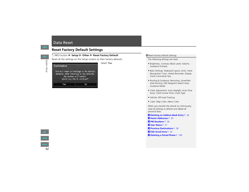 Data reset, Reset factory default settings | HONDA 2012 Civic Hybrid Navigation User Manual | Page 53 / 204