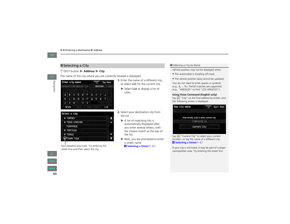 Selecting a city, 2 selecting a city, P. 60 | HONDA 2012 Civic Hybrid Navigation User Manual | Page 61 / 204