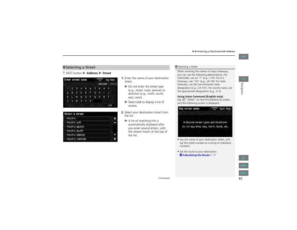 Selecting a street, 2 selecting a street, P. 61 | HONDA 2012 Civic Hybrid Navigation User Manual | Page 62 / 204