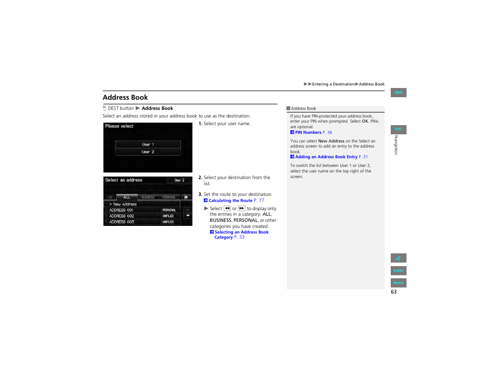 Address book, 2 address book, P. 63 | HONDA 2012 Civic Hybrid Navigation User Manual | Page 64 / 204