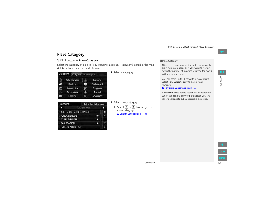 Place category, 2 place category, P. 67 | HONDA 2012 Civic Hybrid Navigation User Manual | Page 68 / 204