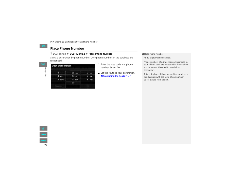 Place phone number, 2 place phone number, P. 72 | HONDA 2012 Civic Hybrid Navigation User Manual | Page 73 / 204