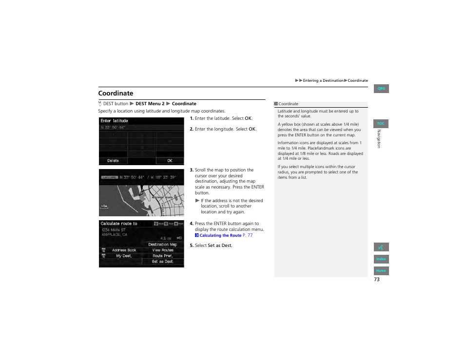Coordinate, 2 coordinate, P. 73 | HONDA 2012 Civic Hybrid Navigation User Manual | Page 74 / 204