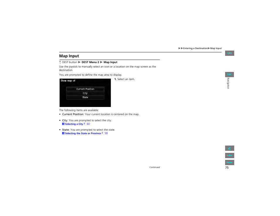 Map input, 2 map input, P. 75 | HONDA 2012 Civic Hybrid Navigation User Manual | Page 76 / 204