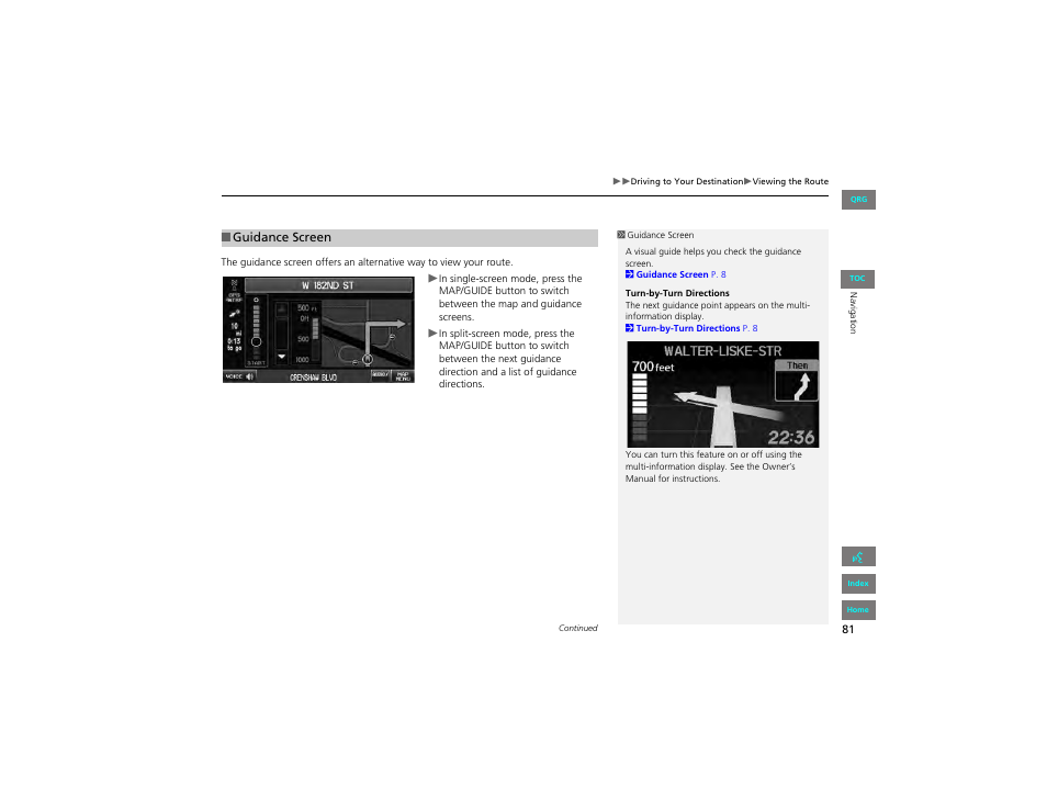 Guidance screen | HONDA 2012 Civic Hybrid Navigation User Manual | Page 82 / 204