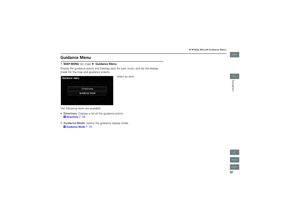 Guidance menu, 2 guidance menu, P. 87 | HONDA 2012 Civic Hybrid Navigation User Manual | Page 88 / 204