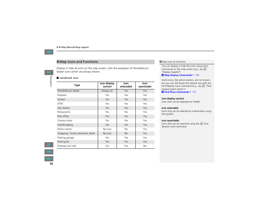 Map icons and functions | HONDA 2012 Civic Hybrid Navigation User Manual | Page 97 / 204