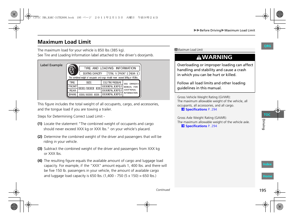 2 maximum load limit p. 195, Warning, Maximum load limit | HONDA 2012 Civic Hybrid User Manual | Page 196 / 313