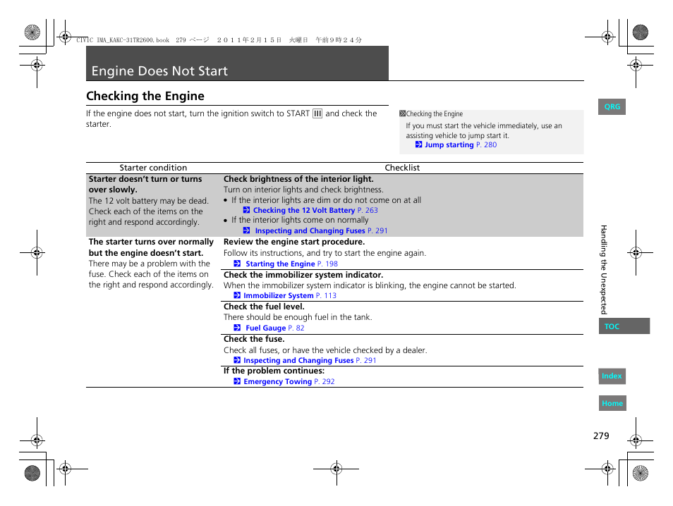 Start, P279), Engine does not start | Checking the engine | HONDA 2012 Civic Hybrid User Manual | Page 280 / 313