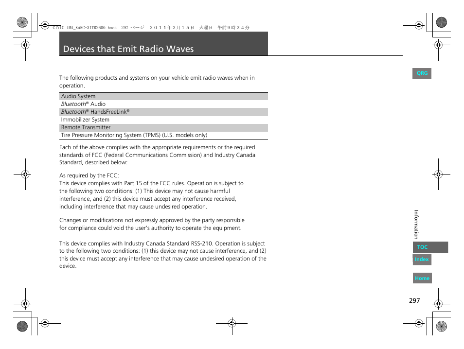 Devices that emit radio waves | HONDA 2012 Civic Hybrid User Manual | Page 298 / 313