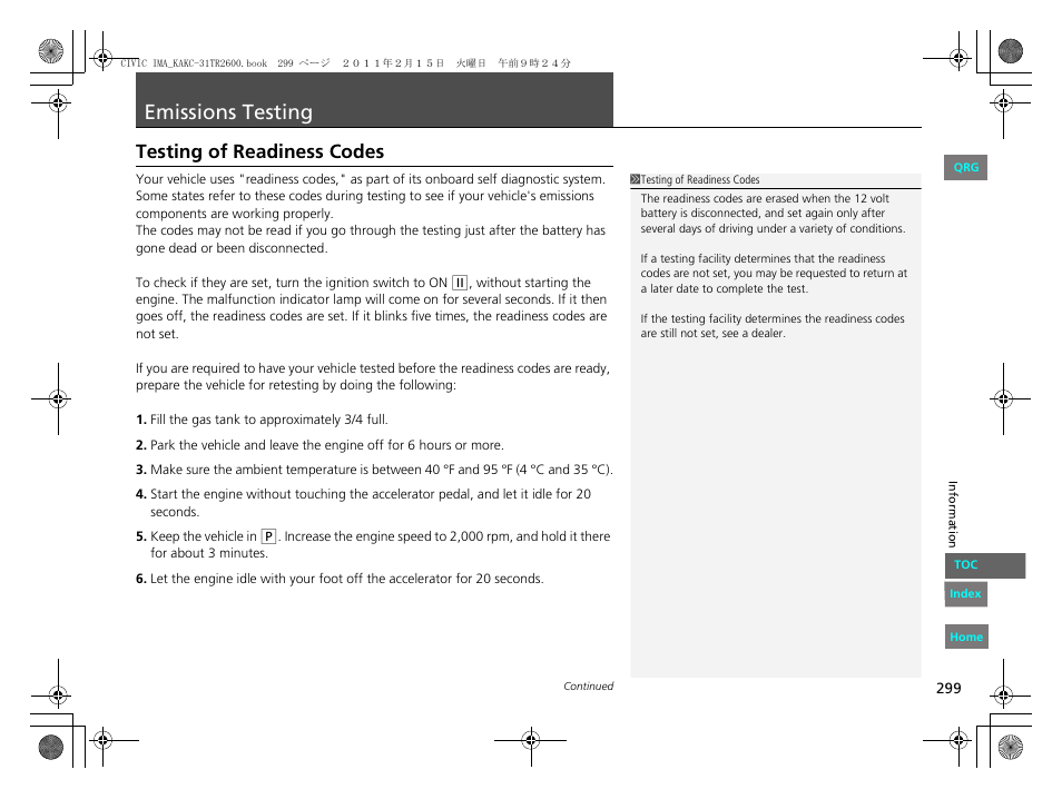 2 testing of readiness codes p. 299, Emissions, Testing | Emissions testing, Testing of readiness codes | HONDA 2012 Civic Hybrid User Manual | Page 300 / 313