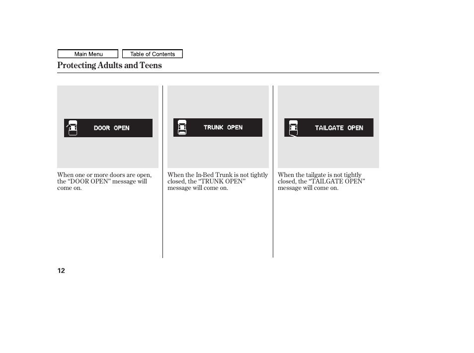 Protecting adults and teens | HONDA 2011 Ridgeline User Manual | Page 16 / 423