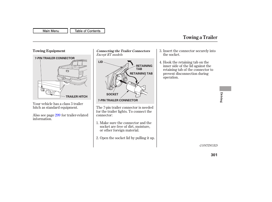 Towing a trailer, 2011 ridgeline | HONDA 2011 Ridgeline User Manual | Page 305 / 423