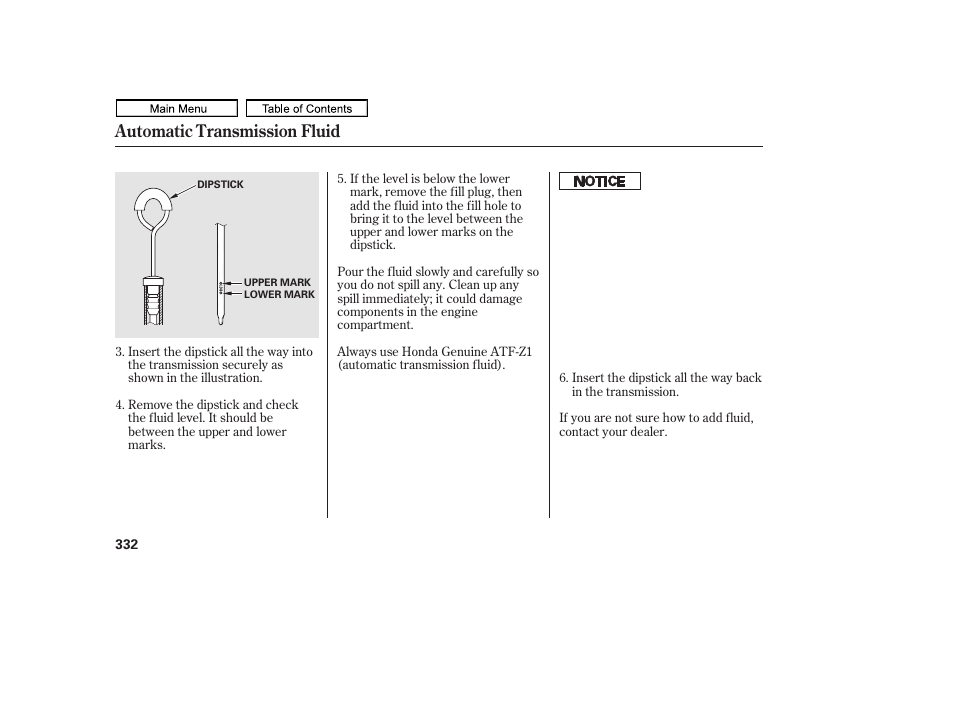 Automatic transmission fluid | HONDA 2011 Ridgeline User Manual | Page 336 / 423