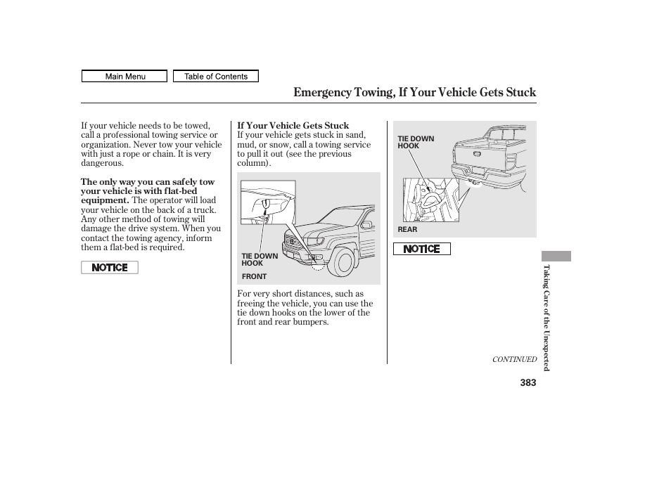 Emergency towing, if your vehicle gets stuck, 2011 ridgeline | HONDA 2011 Ridgeline User Manual | Page 387 / 423