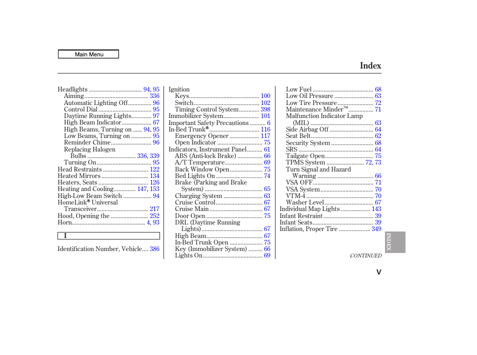 Index | HONDA 2011 Ridgeline User Manual | Page 416 / 423