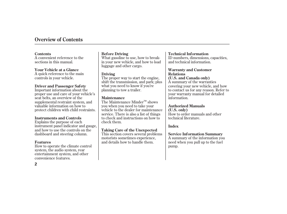 Overview of contents | HONDA 2012 Pilot User Manual | Page 10 / 682