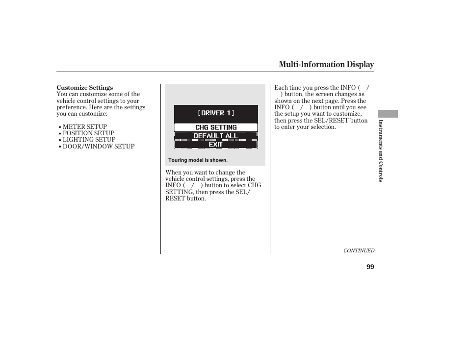 Multi-information display | HONDA 2012 Pilot User Manual | Page 107 / 682