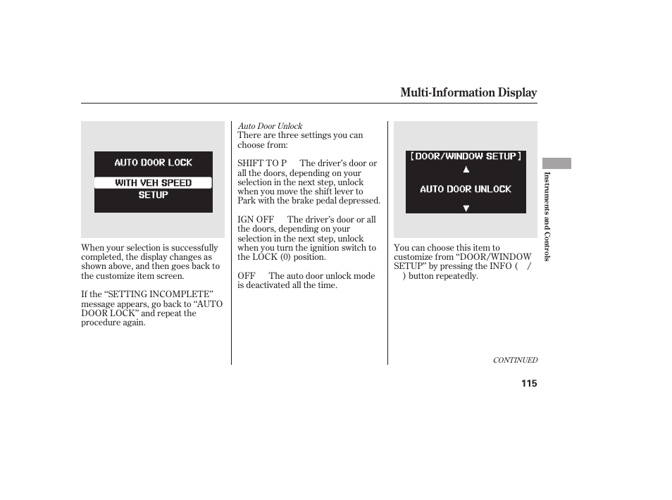 Multi-information display | HONDA 2012 Pilot User Manual | Page 123 / 682