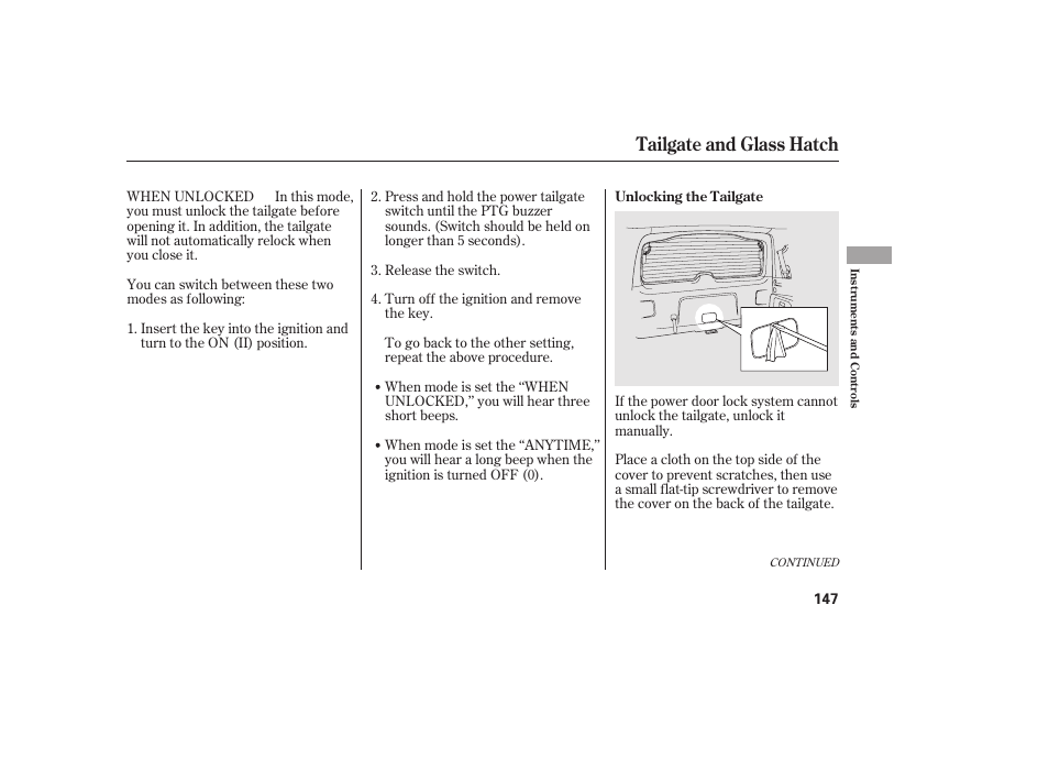 Tailgate and glass hatch | HONDA 2012 Pilot User Manual | Page 155 / 682