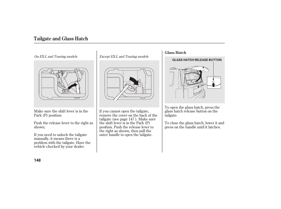 Tailgate and glass hatch | HONDA 2012 Pilot User Manual | Page 156 / 682