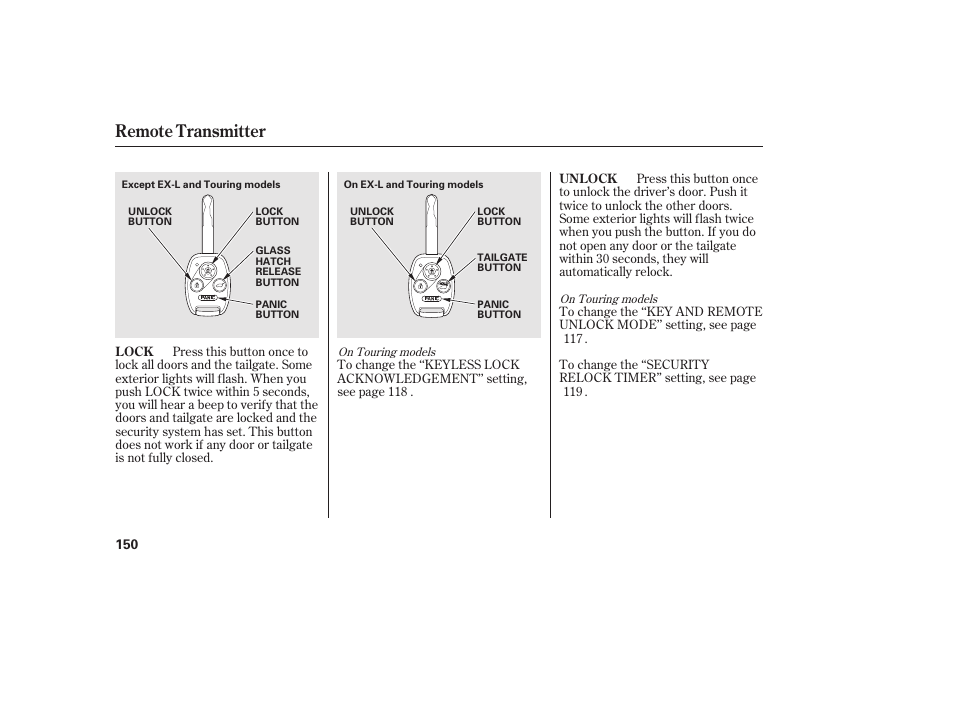 Remote transmitter | HONDA 2012 Pilot User Manual | Page 158 / 682