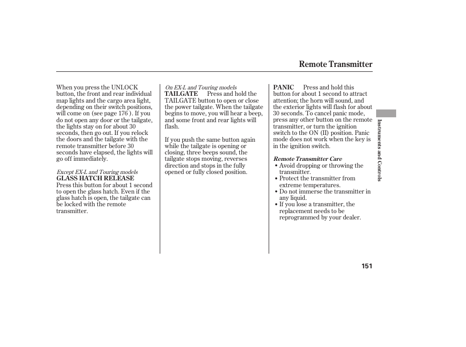 Remote transmitter | HONDA 2012 Pilot User Manual | Page 159 / 682