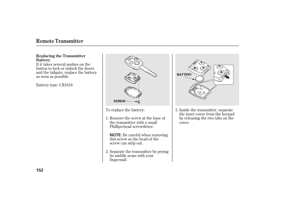 Remote transmitter | HONDA 2012 Pilot User Manual | Page 160 / 682