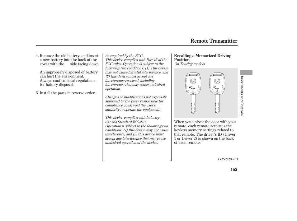 Remote transmitter | HONDA 2012 Pilot User Manual | Page 161 / 682