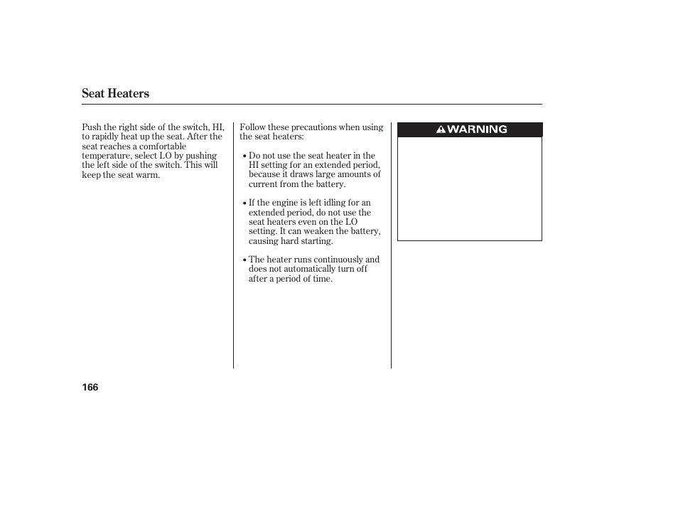 Seat heaters | HONDA 2012 Pilot User Manual | Page 174 / 682