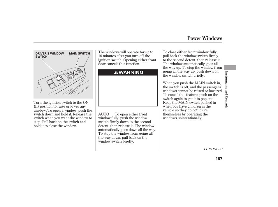 Power windows | HONDA 2012 Pilot User Manual | Page 175 / 682