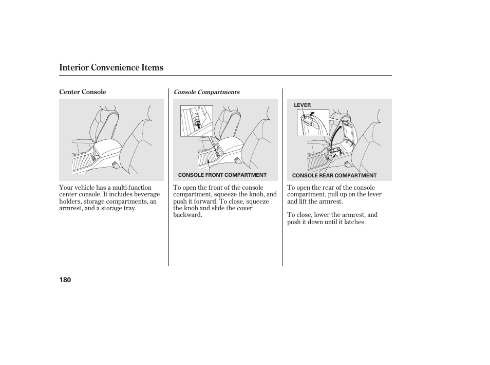 Interior convenience items | HONDA 2012 Pilot User Manual | Page 188 / 682