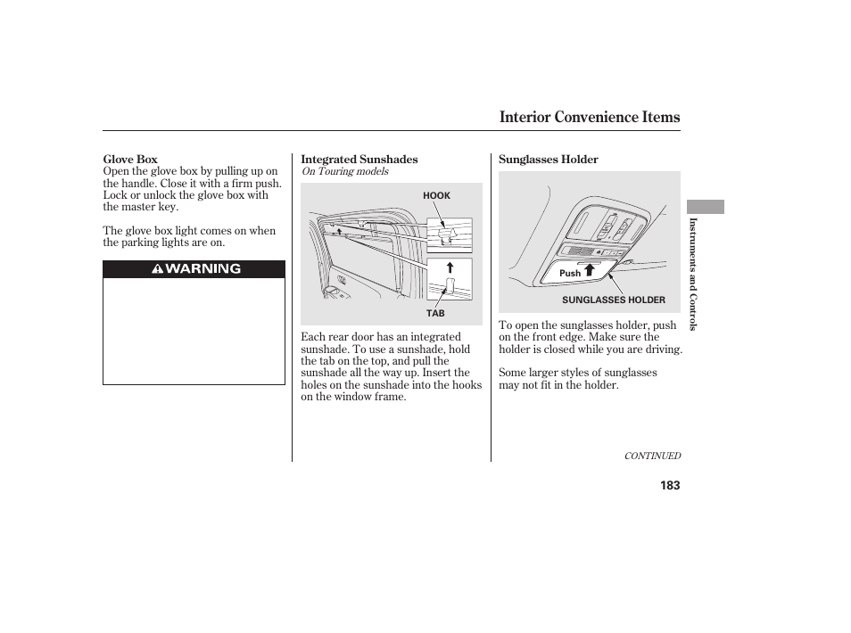 Interior convenience items | HONDA 2012 Pilot User Manual | Page 191 / 682