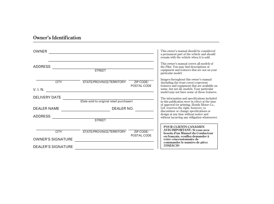 Owner’s identification | HONDA 2012 Pilot User Manual | Page 2 / 682