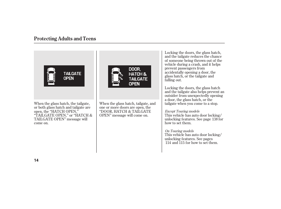Protecting adults and teens | HONDA 2012 Pilot User Manual | Page 22 / 682