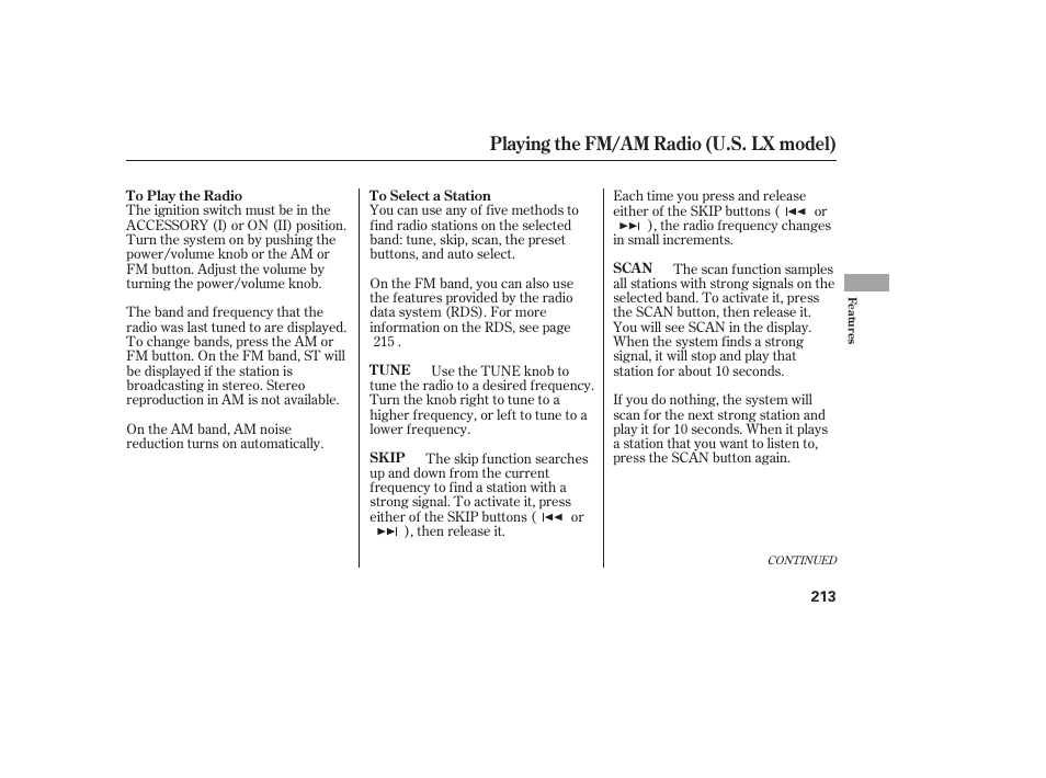 Playing the fm/am radio (u.s. lx model) | HONDA 2012 Pilot User Manual | Page 221 / 682