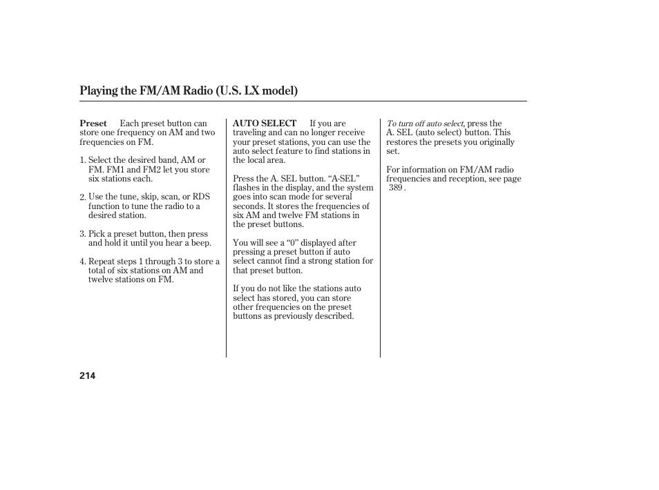 Playing the fm/am radio (u.s. lx model) | HONDA 2012 Pilot User Manual | Page 222 / 682