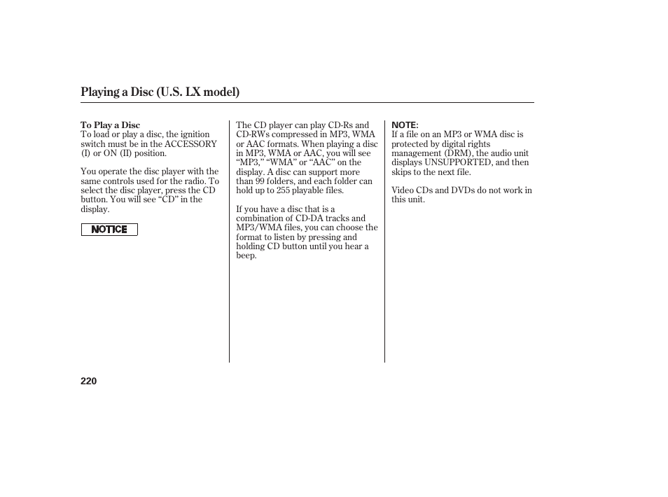 Playing a disc (u.s. lx model) | HONDA 2012 Pilot User Manual | Page 228 / 682