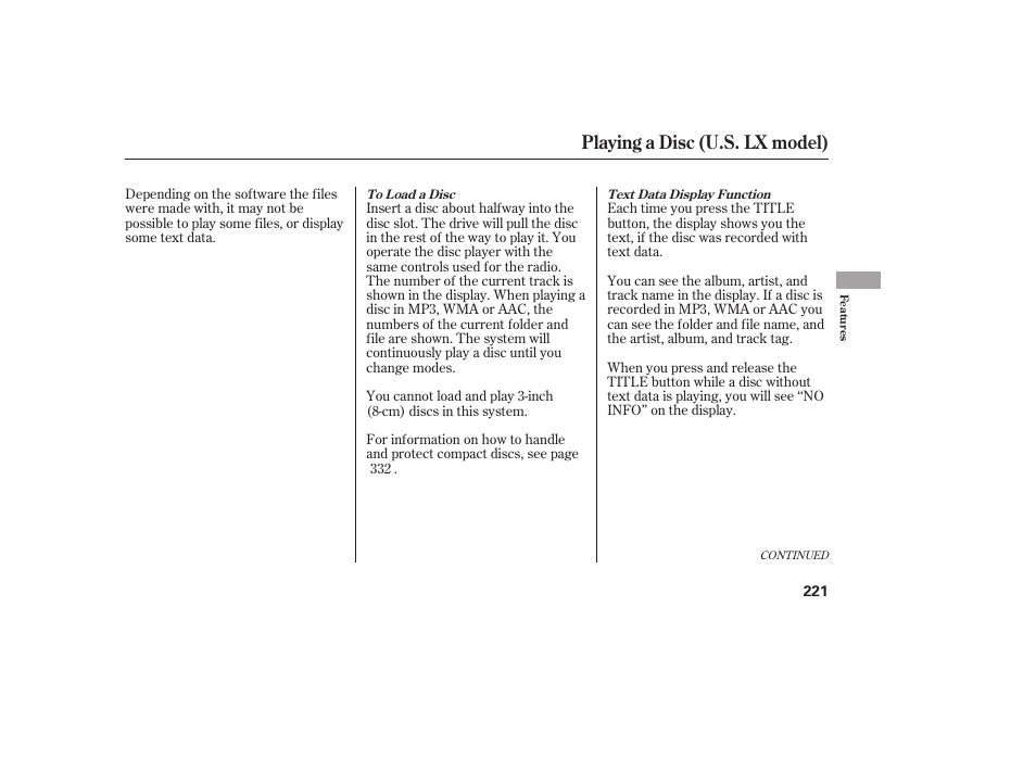 Playing a disc (u.s. lx model) | HONDA 2012 Pilot User Manual | Page 229 / 682