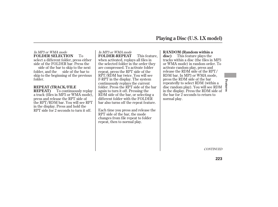 Playing a disc (u.s. lx model) | HONDA 2012 Pilot User Manual | Page 231 / 682