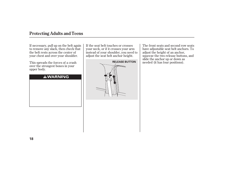 Protecting adults and teens | HONDA 2012 Pilot User Manual | Page 26 / 682