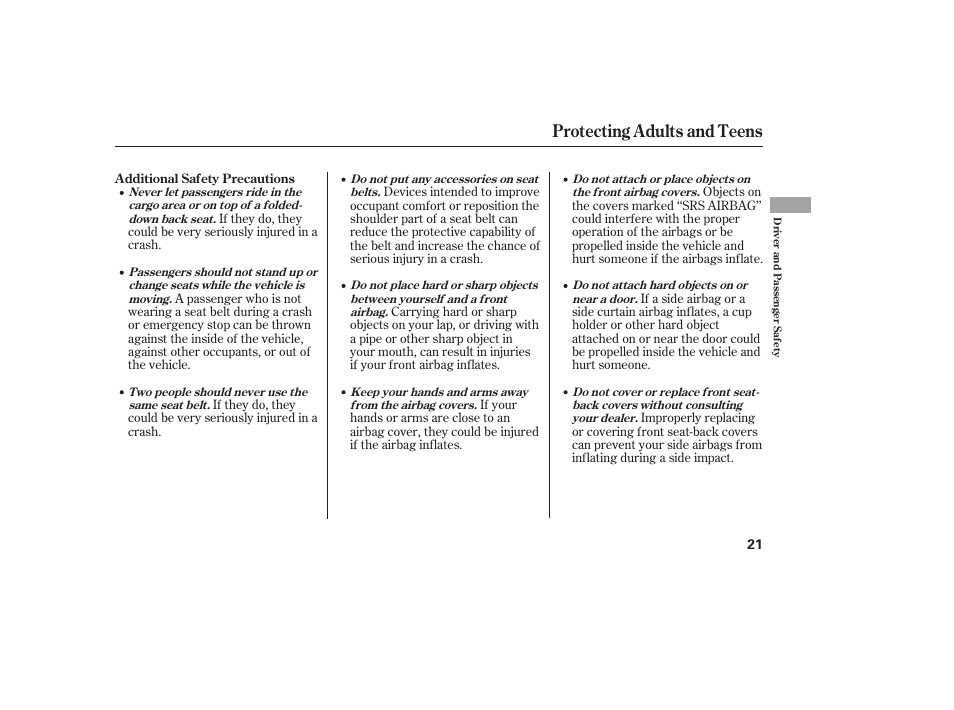 Protecting adults and teens | HONDA 2012 Pilot User Manual | Page 29 / 682