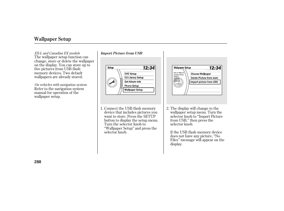 Wallpaper setup | HONDA 2012 Pilot User Manual | Page 296 / 682