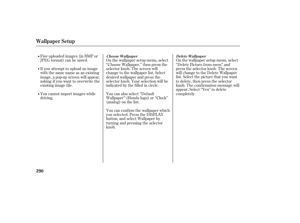 Wallpaper setup | HONDA 2012 Pilot User Manual | Page 298 / 682