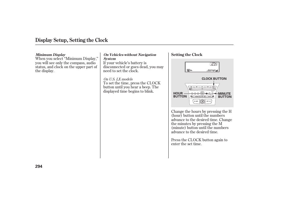 Display setup, setting the clock | HONDA 2012 Pilot User Manual | Page 302 / 682