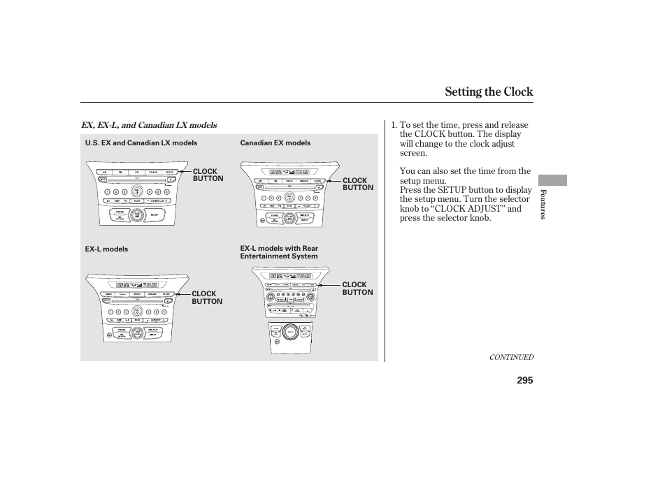 Setting the clock | HONDA 2012 Pilot User Manual | Page 303 / 682