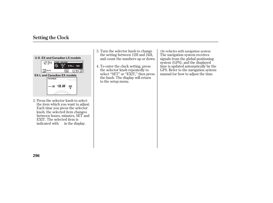 Setting the clock | HONDA 2012 Pilot User Manual | Page 304 / 682